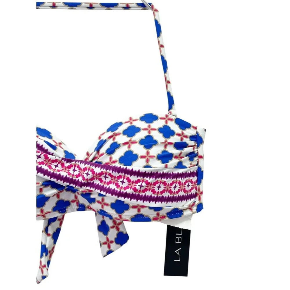 NWT La Blanca Bikini Top Size 4 Blue Pink Red Geo Halter Bandeau Twist Tie Back